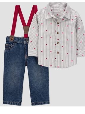 Carter's Toddler Heart-Print Button-Down Shirt with Red Suspenders (2 Pc) 3 M